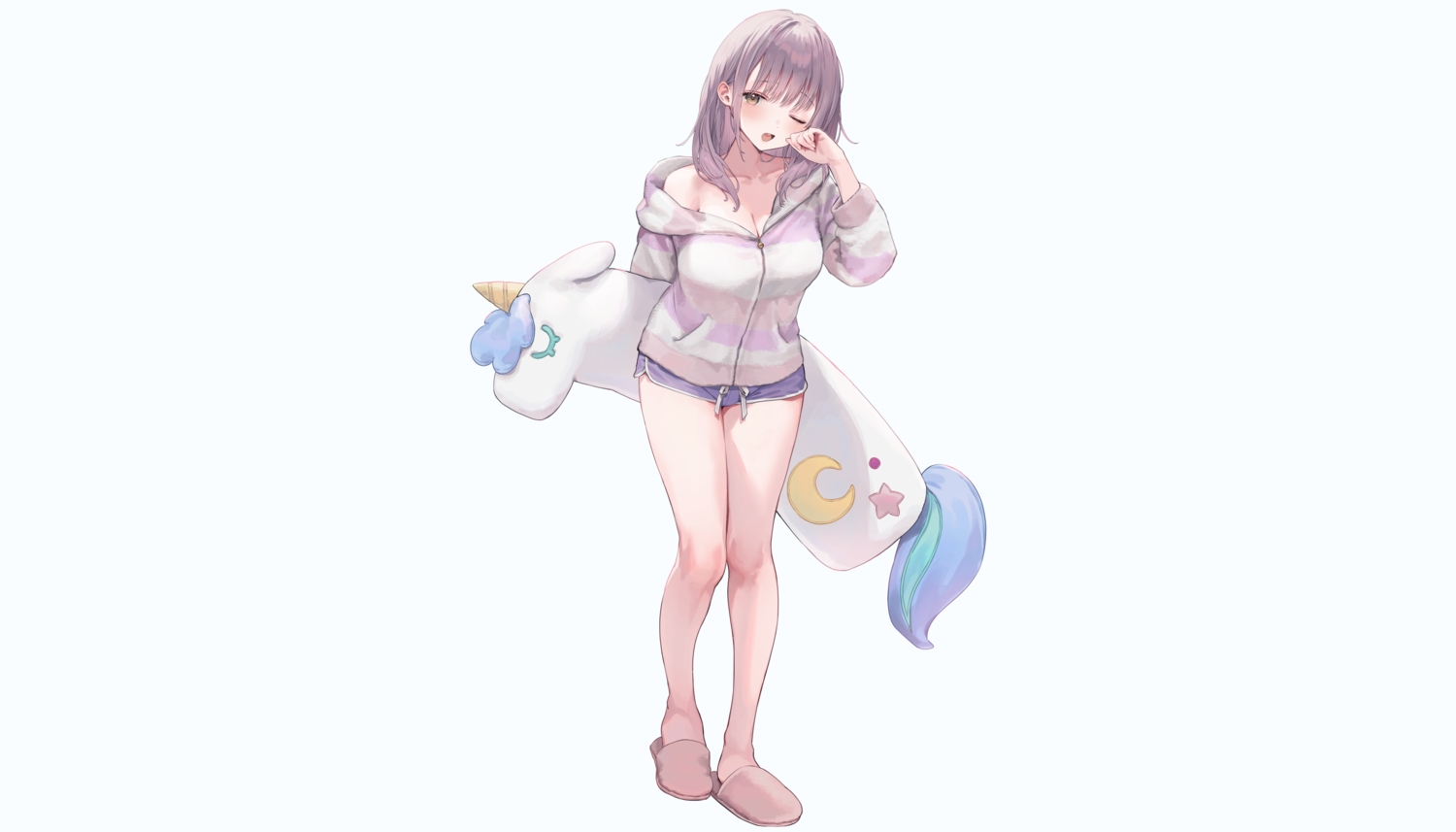 breasts, brown_eyes, cleavage, gray_hair, hood, long_hair, natsuhiko, original