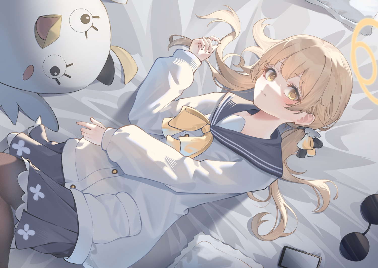 ajitani_hifumi, blue_archive, blush, bow, brown_hair, halo, long_hair, miku_rasha