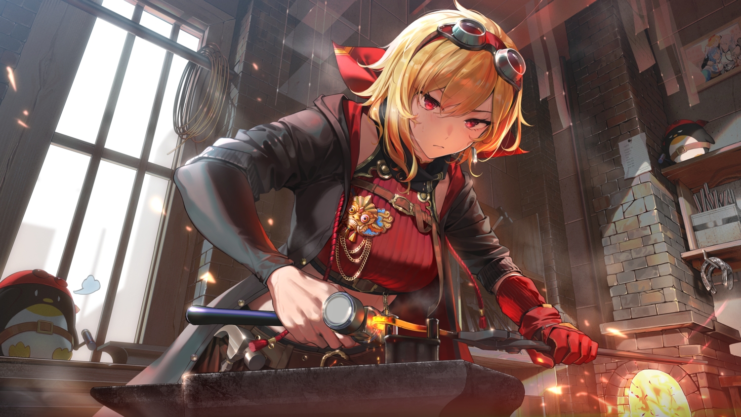 animal, biittertaste, blonde_hair, blush, fire, gloves, goggles, hololive, hood, kaela_kovalskia, paper, penguin, red_eyes, scarf, short_hair