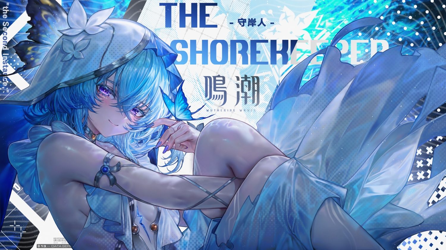 aqua_hair, blue, blush, butterfly, choker, dress, headdress, nekodayo22, purple_eyes, shorekeeper_(wuthering_waves), wuthering_waves