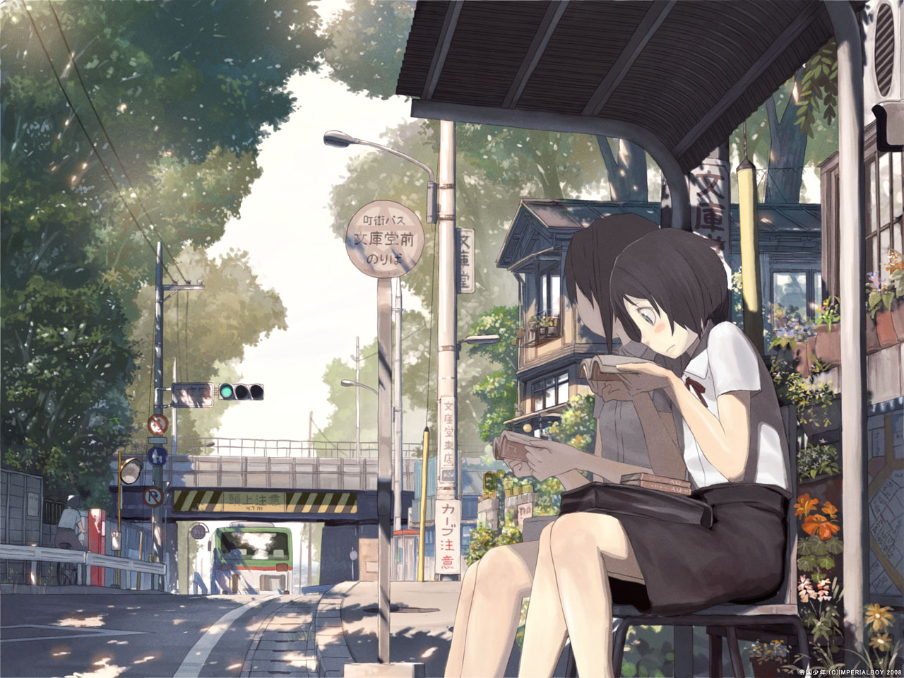 2girls, blue_eyes, blush, book, flowers, ribbons, scenic, school_uniform