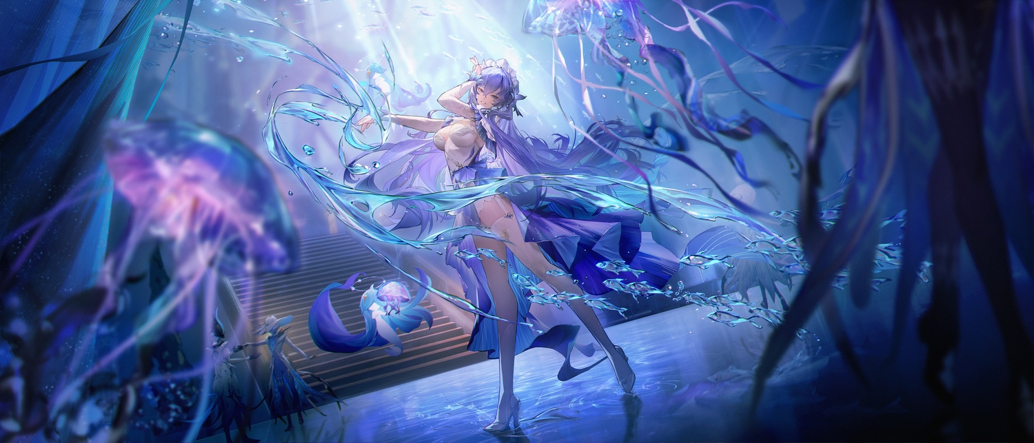 breasts, cantarella_(wuthering_waves), cleavage, dress, garter_belt, headdress, long_hair, p99_(1shtar), purple_eyes, purple_hair, stockings, tattoo, water, wuthering_waves