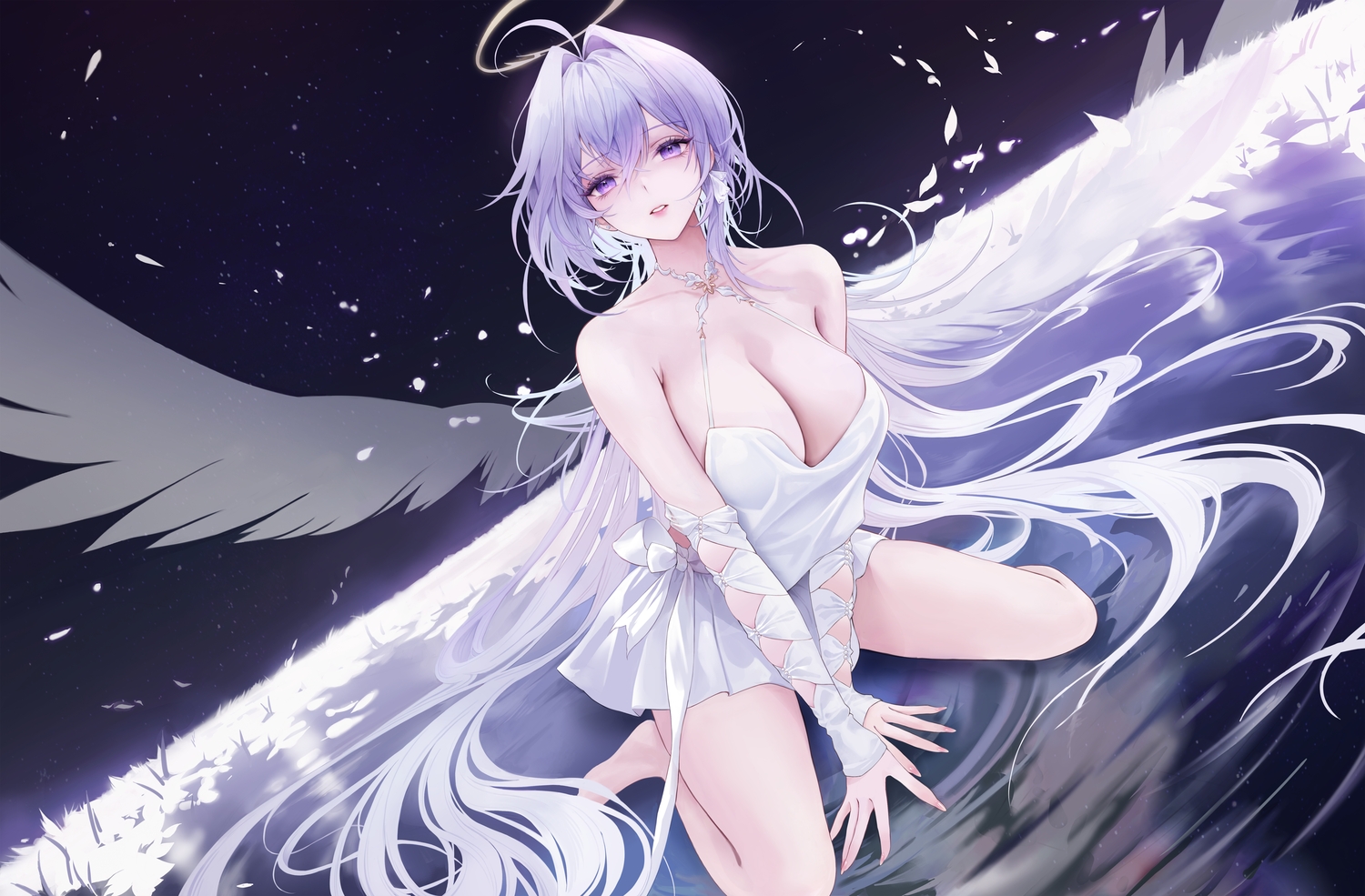 barefoot, bow, breasts, cleavage, dora_(garyeong), dress, grass, halo, long_hair, original, purple_eyes, purple_hair, ribbons, water, wings