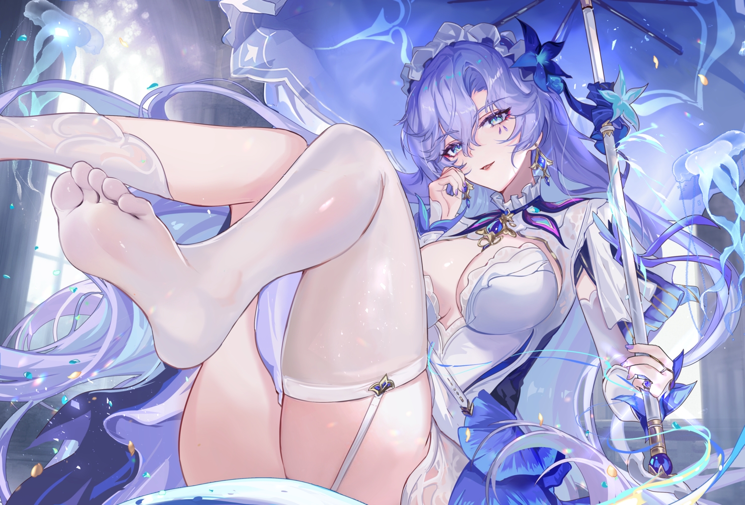aqua_eyes, breasts, cantarella_(wuthering_waves), cleavage, dress, garter_belt, headdress, long_hair, purple_hair, stockings, umbrella, vardan, wuthering_waves