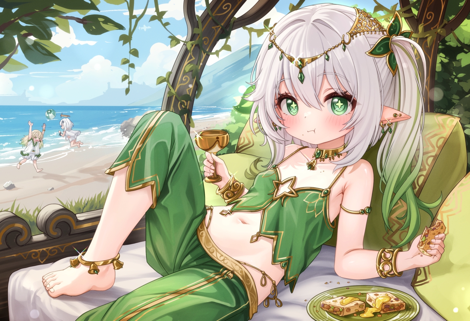 ball, barefoot, beach, bed, bell, blonde_hair, blush, choker
