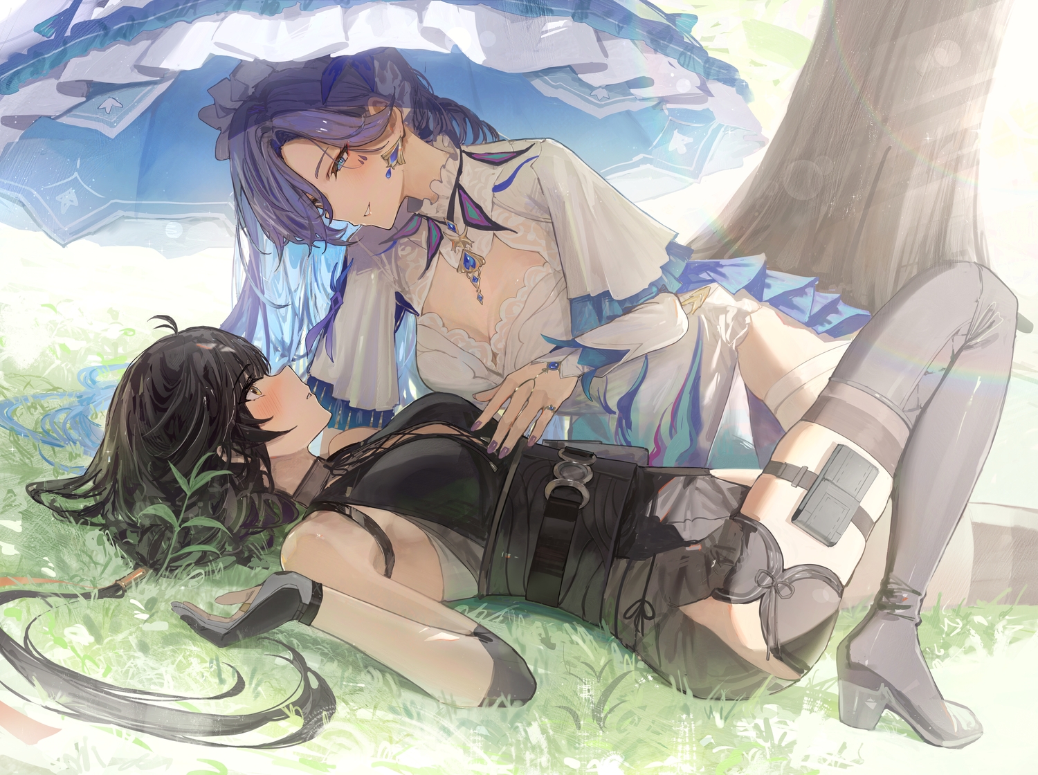 2girls, black_hair, blush, boots, breasts, cantarella_(wuthering_waves), cleavage, dress