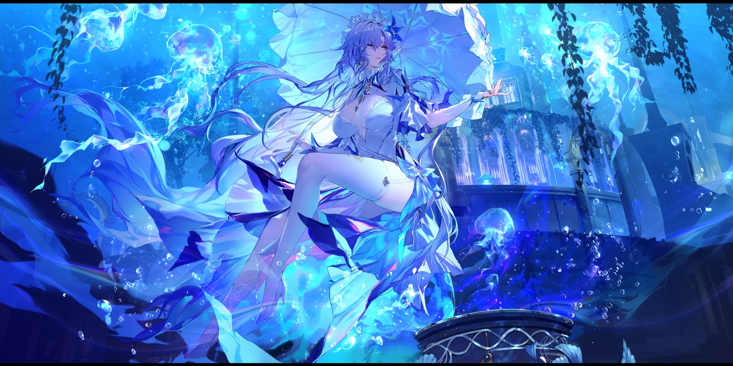 3d, blue, breasts, cantarella_(wuthering_waves), cleavage, dress, garter_belt, headdress