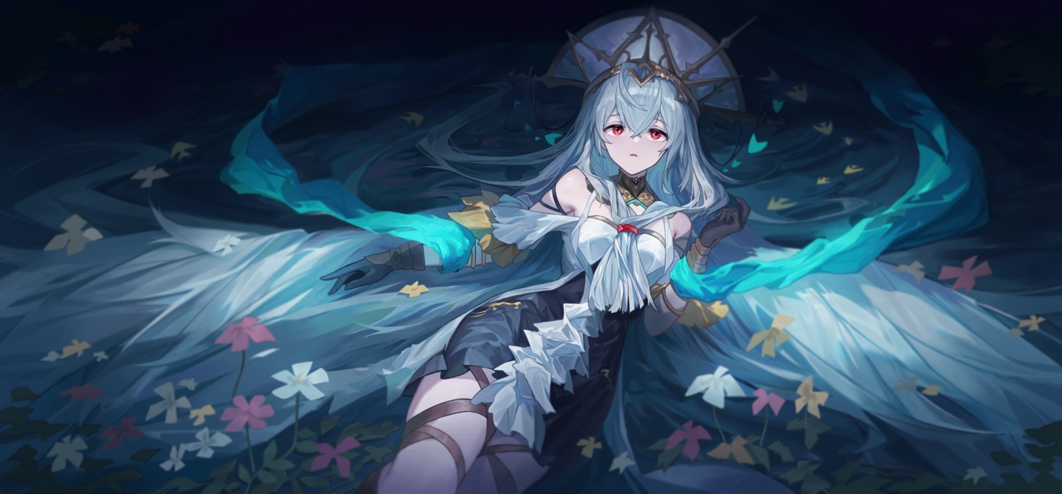 arknights, dress, flowers, garter, gloves, gray_hair, headdress, lettereast, long_hair, red_eyes, skadi_(arknights)