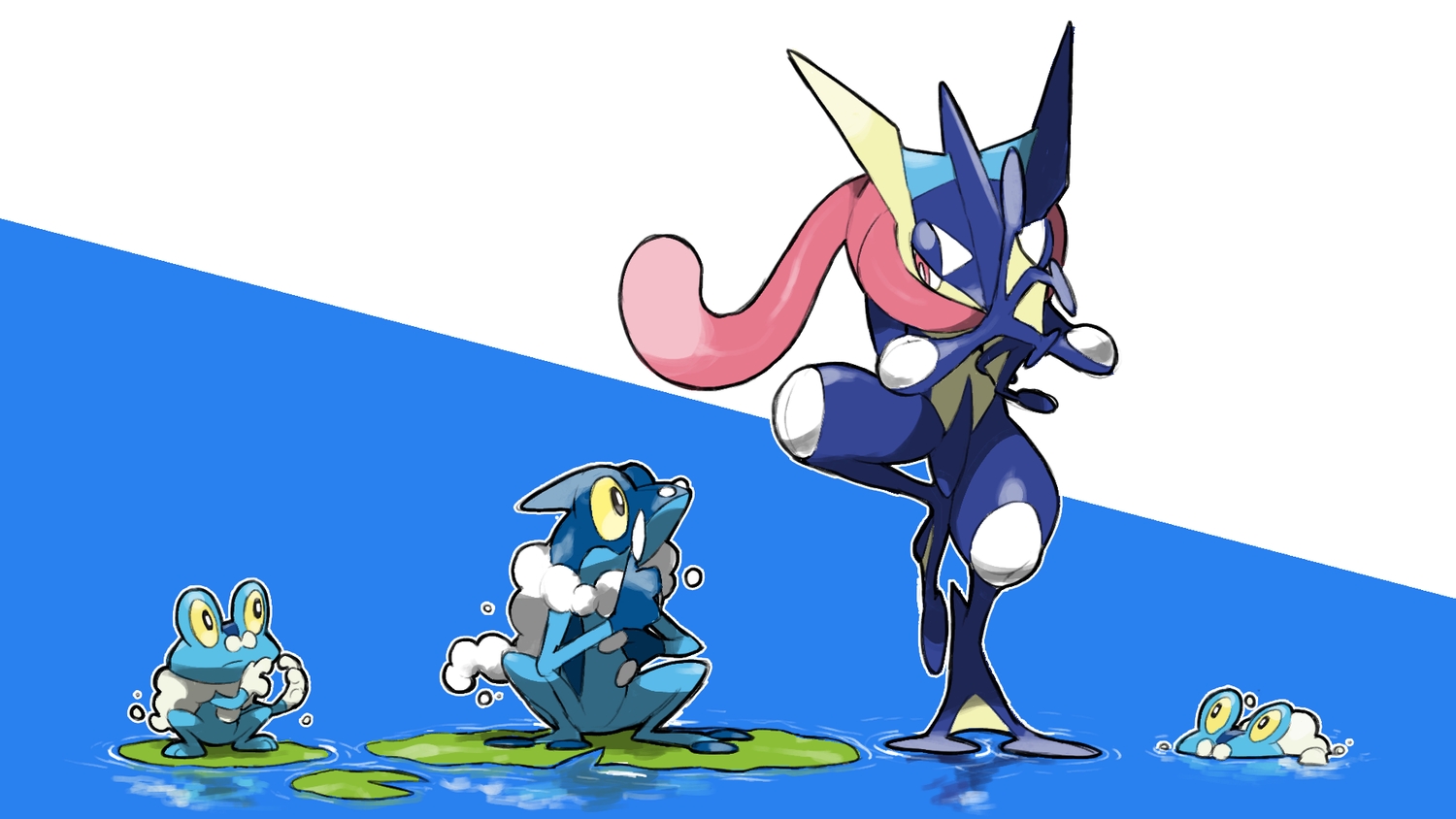 animal, blacknirrow, froakie, frog, frogadier, greninja, no_humans, pink_eyes, pokemon, scarf, water, yellow_eyes