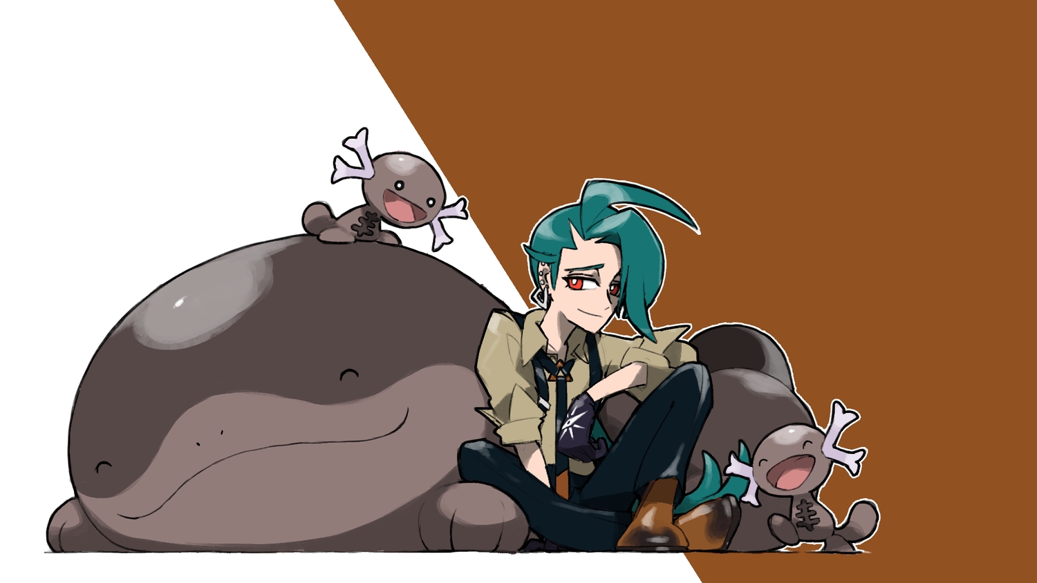 blacknirrow, clodsire, gloves, green_hair, long_hair, pokemon, red_eyes, rika_(pokemon), shirt, tie, wooper