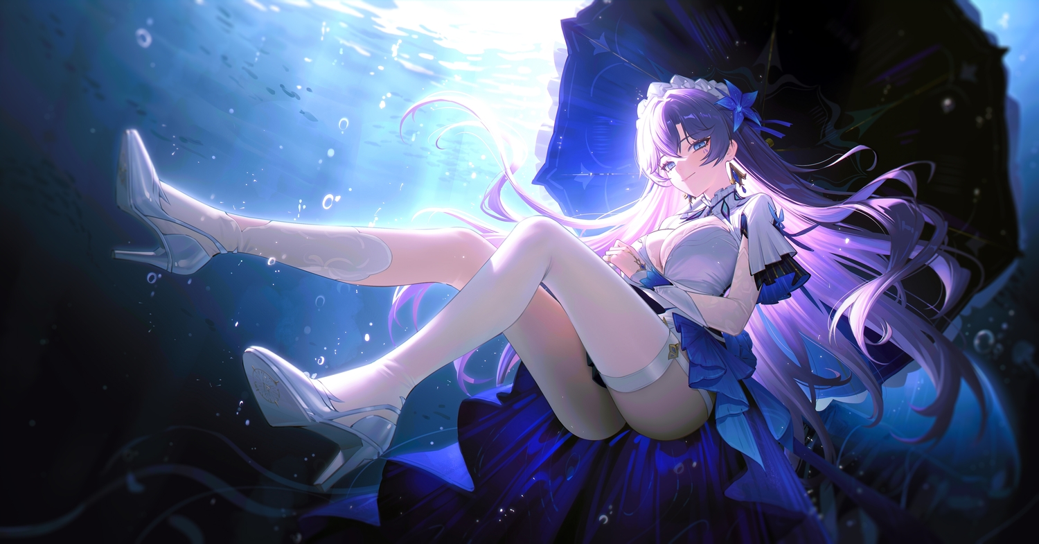 95_(jiuwujiang), blue_eyes, breasts, bubbles, cantarella_(wuthering_waves), cleavage, dress, garter_belt, headdress, long_hair, purple_hair, stockings, umbrella, underwater, water, wuthering_waves