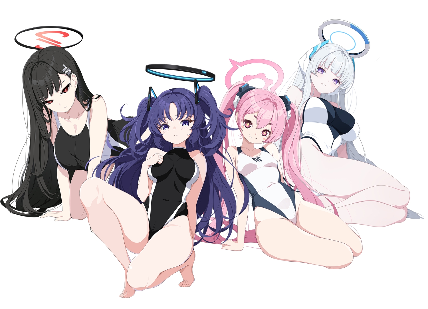black_hair, blue_archive, blush, breasts, fang, gray_hair, group, halo