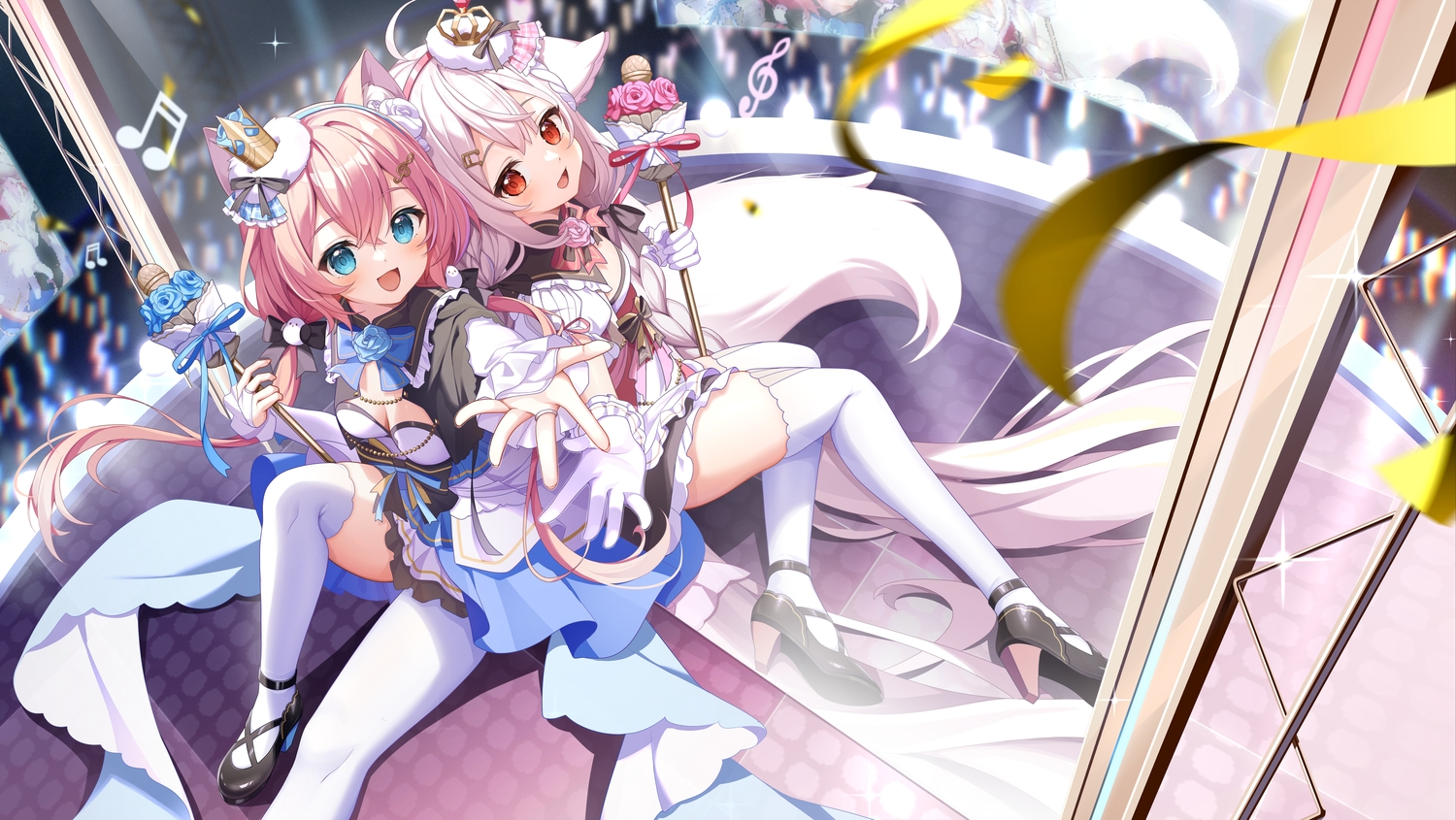 2girls, aliasing, animal_ears, aqua_eyes, blush, bow, braids, breasts