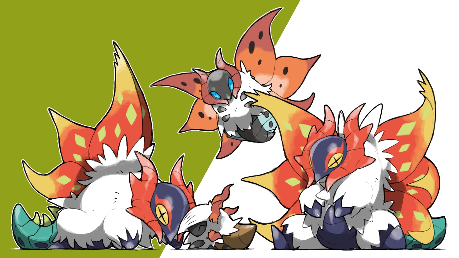 blacknirrow, blue_eyes, larvesta, no_humans, pokemon, slither_wing, tail, volcarona, wings, yellow_eyes