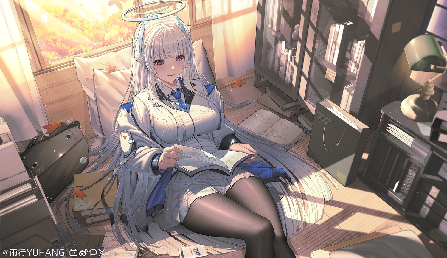 autumn, blue_archive, book, gray_hair, halo, leaves, long_hair, pantyhose