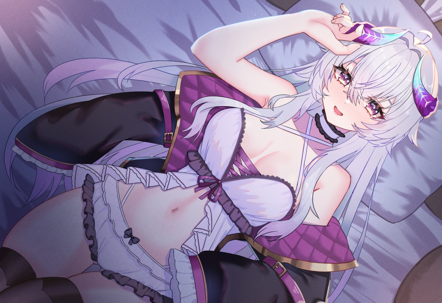 ayaka_zaphyr, bed, blush, bow, breasts, choker, gray_hair, horns, kuwahara_taiki, long_hair, navel, purple_eyes, ribbons, shorts, thighhighs