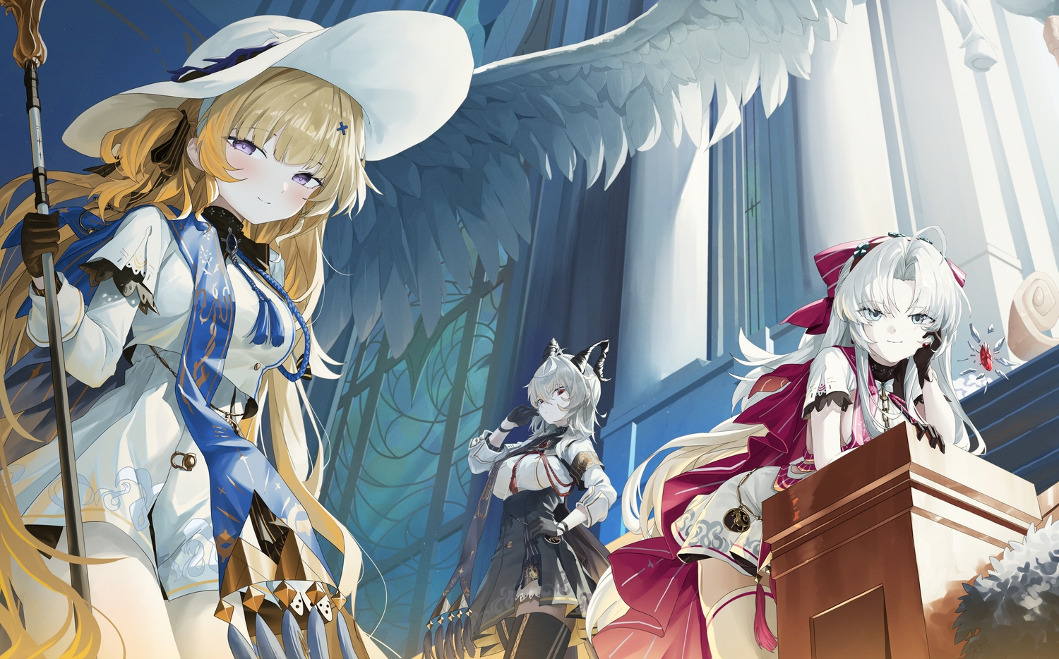 aliasing, blonde_hair, bow, carlotta_(wuthering_waves), chain, dress, gloves, gray_eyes, gray_hair, hat, headband, horns, jeon_(user_ywaw3774), long_hair, pantyhose, phoebe_(wuthering_waves), ponytail, purple_eyes, red_eyes, scarf, shirt, skirt, staff, thighhighs, wuthering_waves, zani_(wuthering_waves)