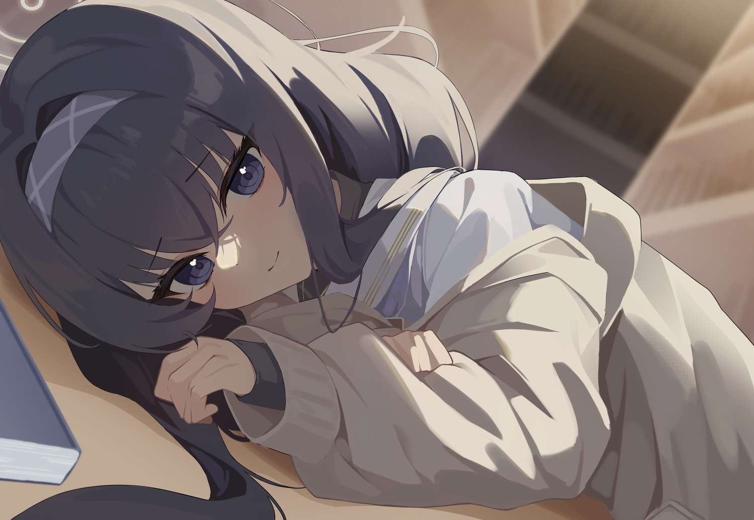 black_hair, blue_archive, blue_eyes, book, close, halo, headband, k_cyp
