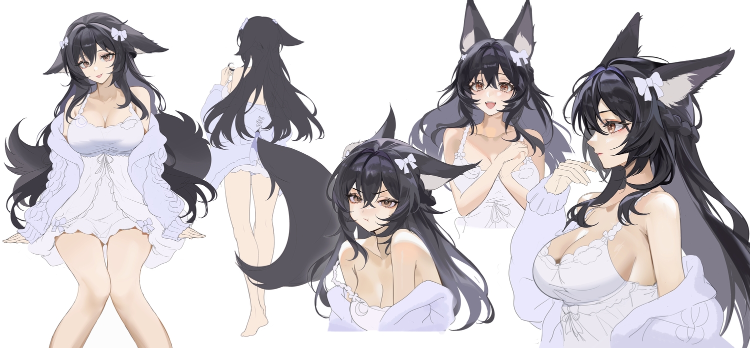 animal_ears, black_hair, breasts, brown_eyes, cleavage, dress, foxgirl, long_hair