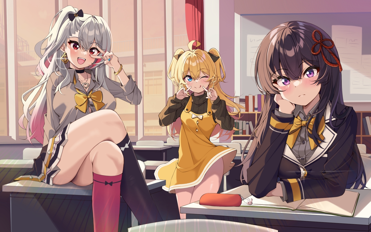 black_hair, blonde_hair, blue_eyes, blush, book, bow, building, choker, dress, fang, gray_hair, kneehighs, kuromiya_reika, kusaka_yuno, long_hair, necklace, ponytail, purple_eyes, ray_(rays_26), red_eyes, re:fragment_~absolute_ambition~, school_uniform, shirasaki_maya, shirt, skirt, twintails, wink, wristwear