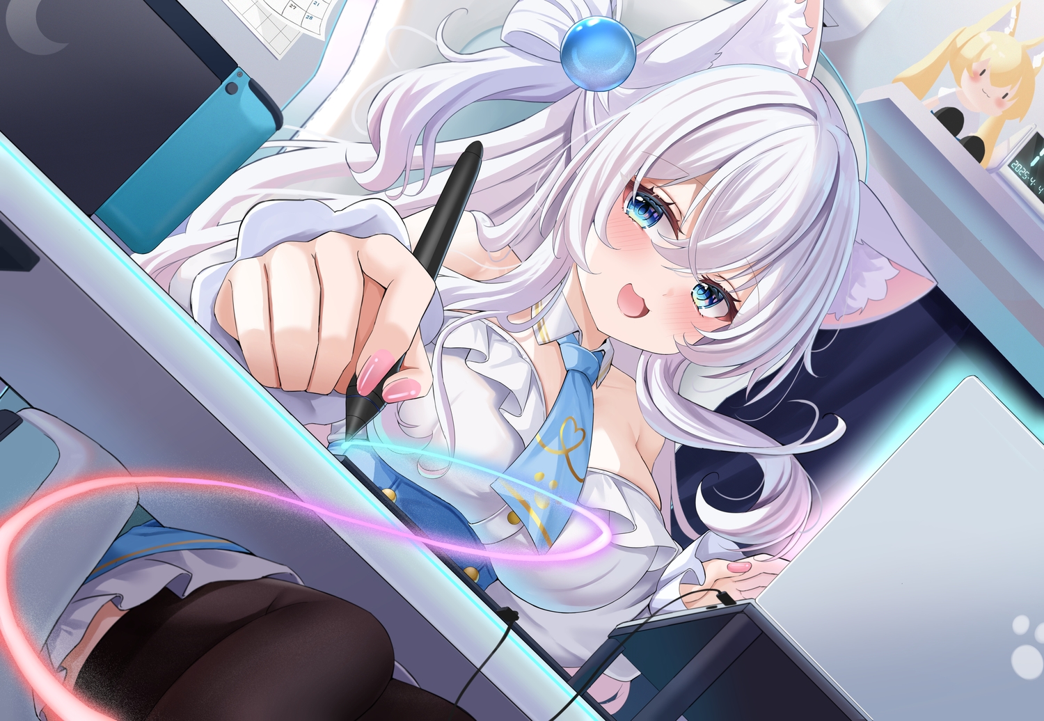 animal_ears, aqua_eyes, blush, breasts, catgirl, cat_smile, computer, game_console