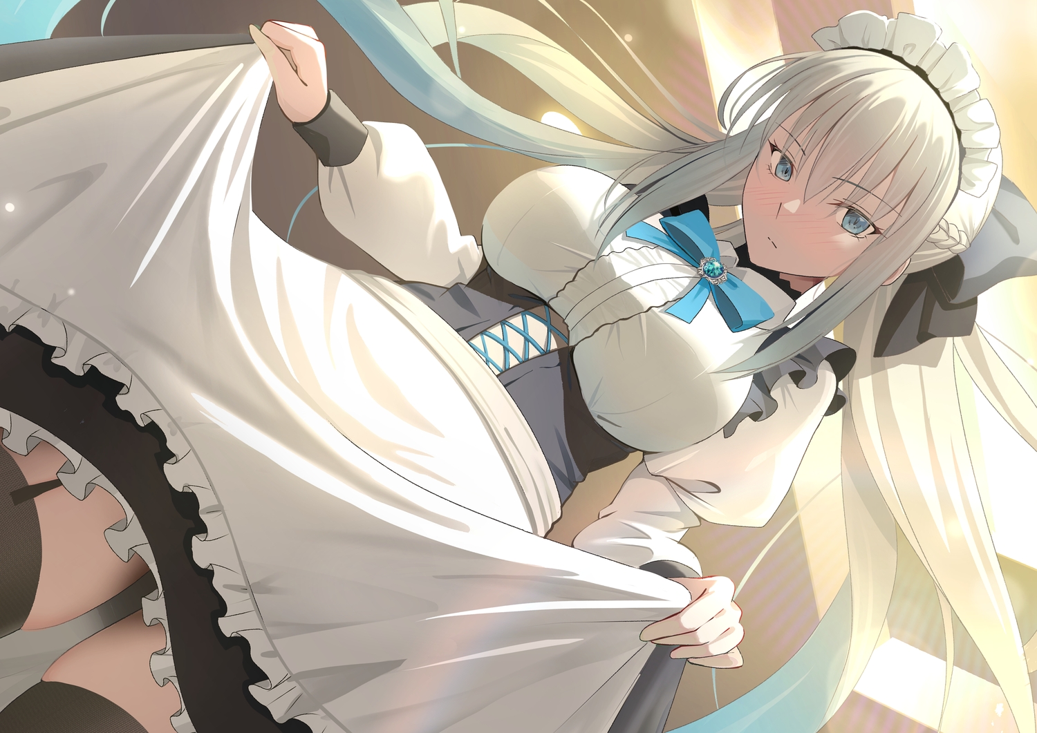 apron, blue_eyes, blush, bow, corset, dress, fate/grand_order, fate_(series)