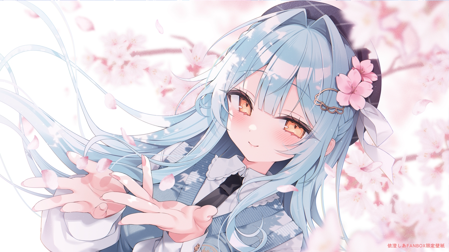 aqua_hair, blush, bow, cherry_blossoms, close, flowers, hat, isumi_sia, long_hair, orange_eyes, petals, ribbons, shirt, shu_bii, tie, watermark