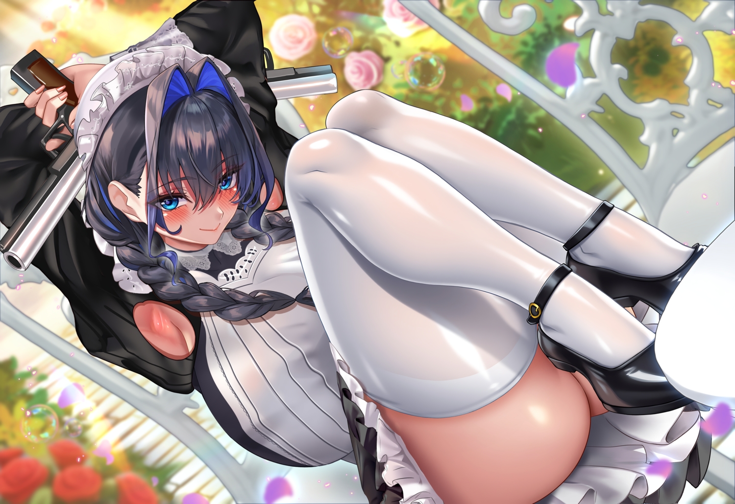 black_hair, blue_eyes, blush, braids, bubbles, dress, flowers, gun