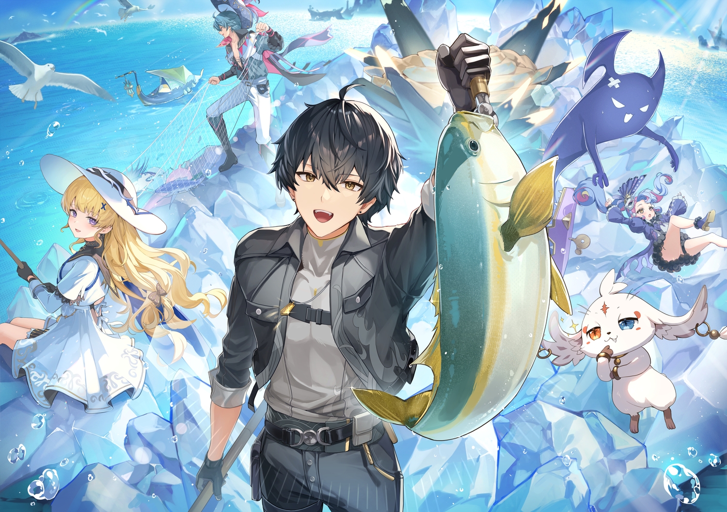 abby_(wuthering_waves), aliasing, animal, aqua_hair, bicolored_eyes, bird, black_hair, blonde_hair