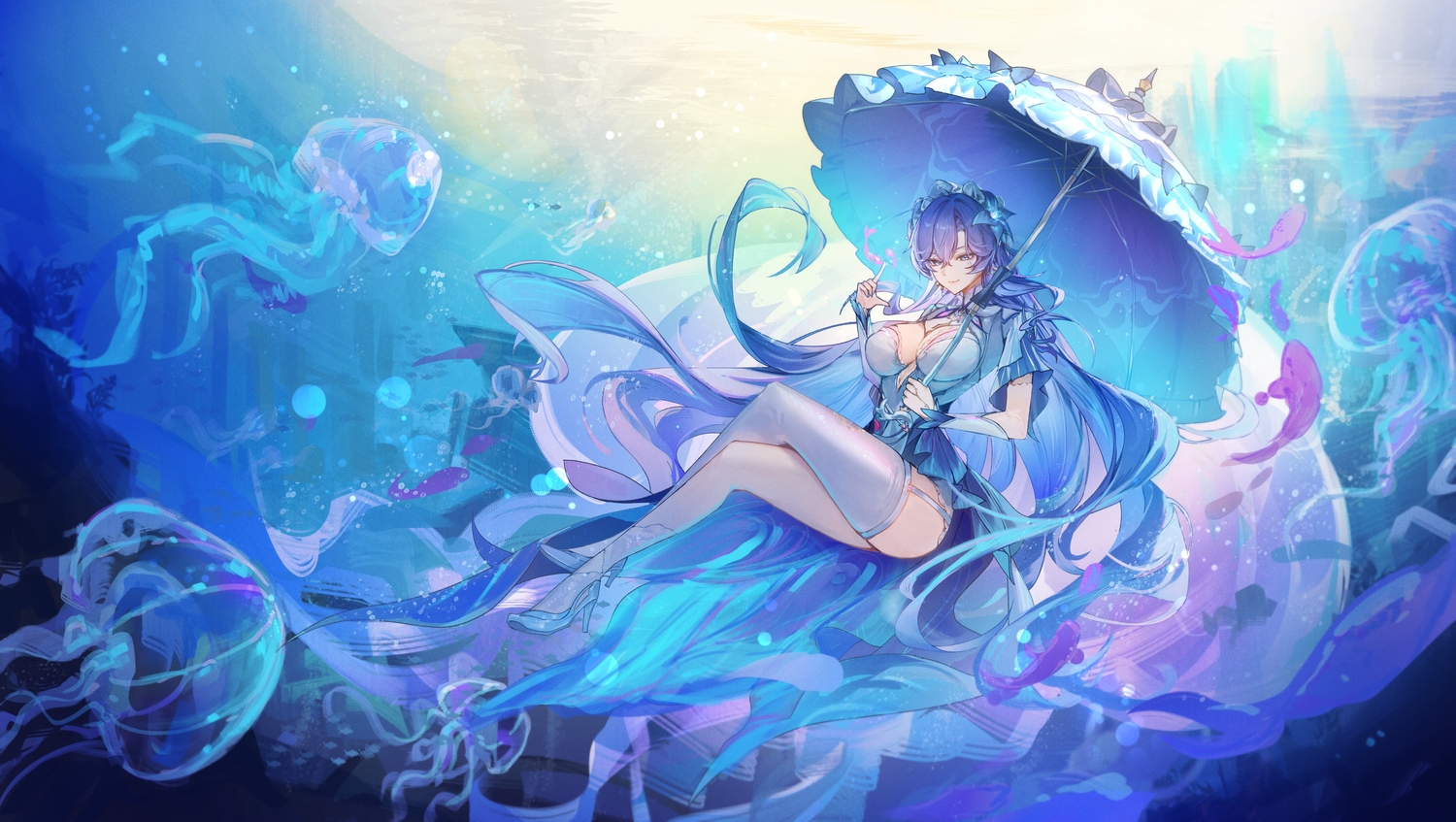 animal, blue, blue_eyes, breasts, cantarella_(wuthering_waves), cleavage, dress, fish