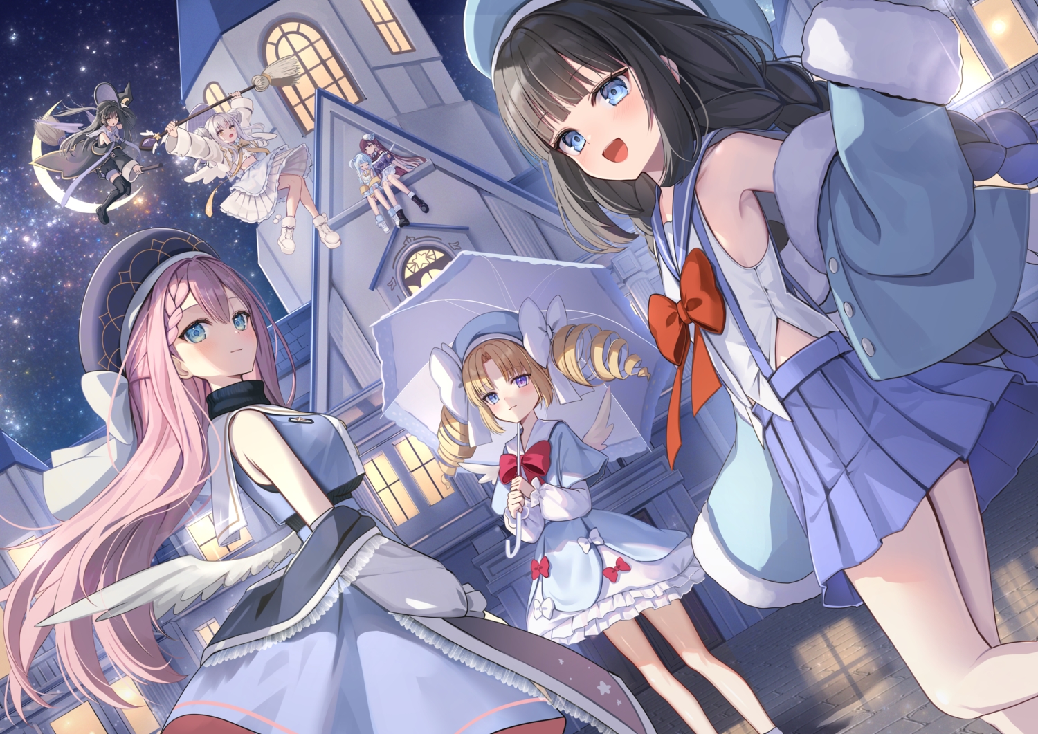 apron, aqua_eyes, astral_vliver, awano_sui, bicolored_eyes, black_hair, blonde_hair, blue_eyes, blue_hair, blush, boots, bow, braids, building, byakuya_mei, cat_smile, dress, flat_chest, fuyoyo, gray_hair, group, hat, hoshizono_serena, kirameki_luna, kyokuya_rei, lolita_fashion, long_hair, moon, night, noa_karen, otokumo_sora, pink_hair, ponytail, purple_hair, ribbons, school_uniform, skirt, sky, sleeping, socks, stars, thighhighs, twintails, umbrella, wings, witch, witch_hat, yellow_eyes