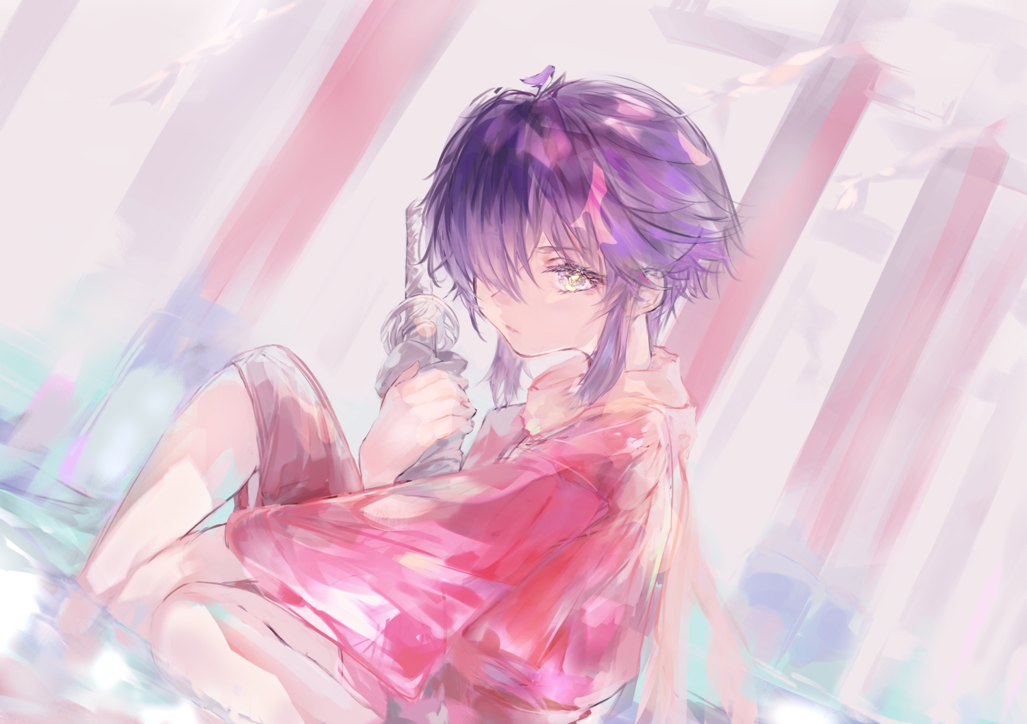 fuuka_koji, japanese_clothes, katana, loli, original, purple_hair, scarf, short_hair, sketch, sword, weapon, yellow_eyes