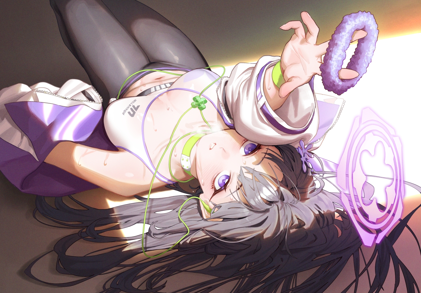 black_cola, black_hair, blue_archive, blush, breasts, choker, halo, headphones, long_hair, navel, otohana_sumire, purple_eyes, sports_bra, wet, wristwear