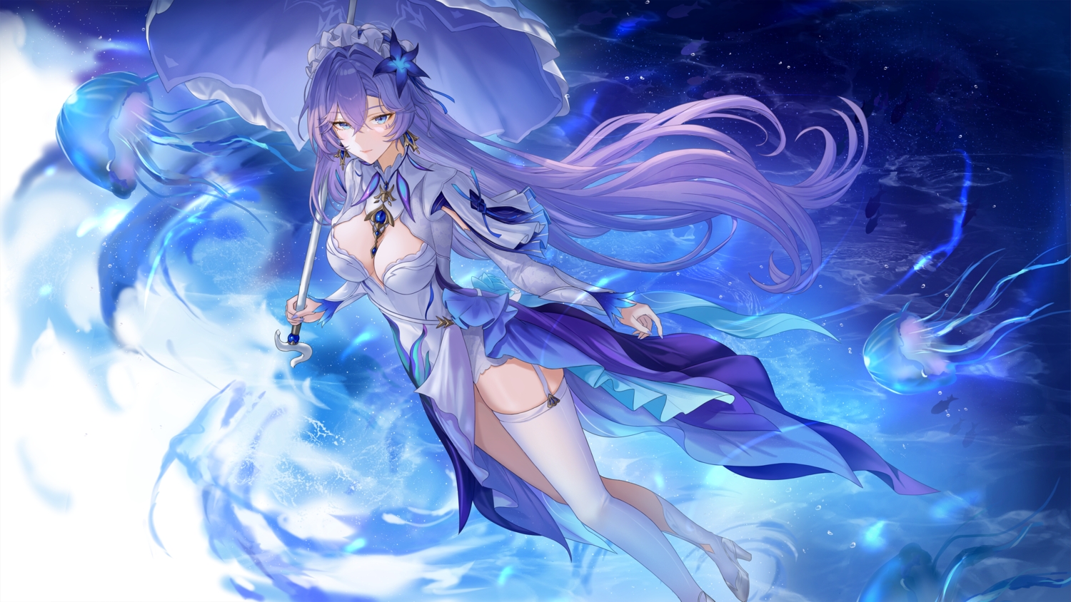animal, blue, blue_eyes, breasts, cantarella_(wuthering_waves), cleavage, dress, fish