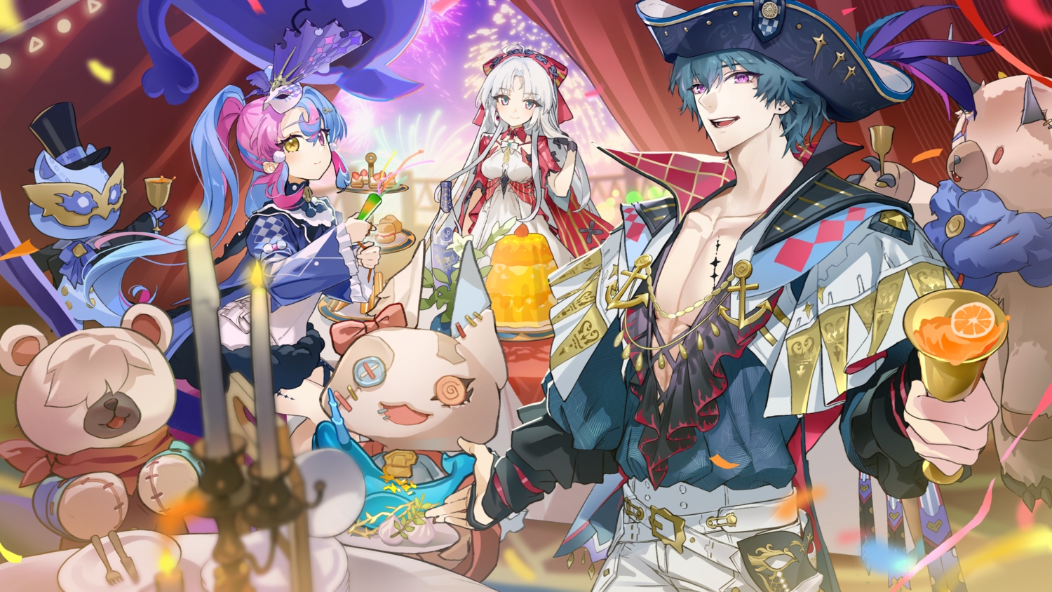 aqua_hair, bicolored_eyes, bow, brant_(wuthering_waves), carlotta_(wuthering_waves), dress, drink, feathers