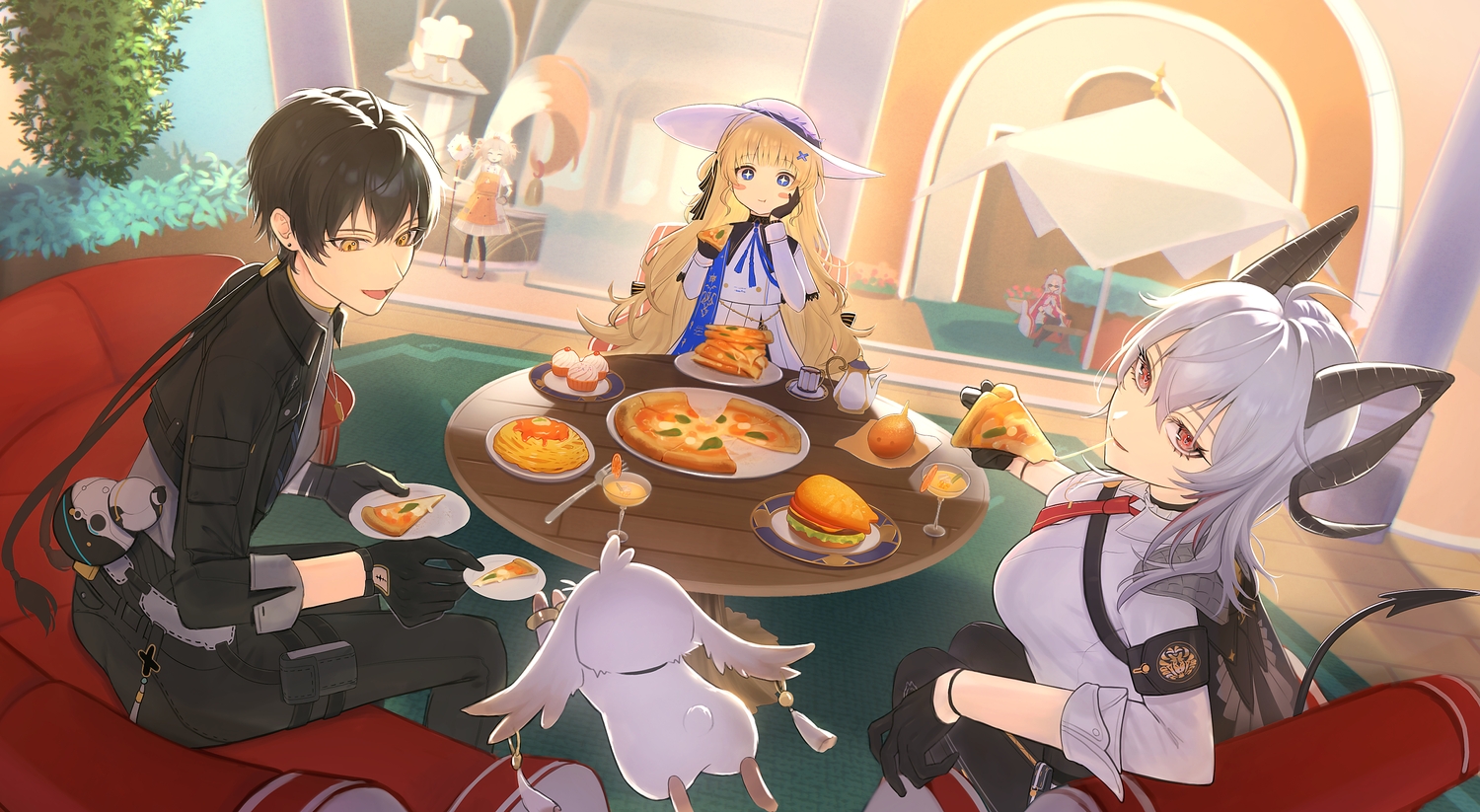 abby_(wuthering_waves), aliasing, animal_ears, apron, black_hair, blonde_hair, blue_eyes, boots, bow, brown_hair, carlotta_(wuthering_waves), couch, dress, food, garter, gloves, gray_hair, hat, horns, long_hair, male, male_rover_(wuthering_waves), margherita_(wuthering_waves), necklace, pantyhose, phoebe_(wuthering_waves), pizza, ponytail, red_eyes, sg_(under_siiiiii), shirt, sunglasses, tail, tie, twintails, umbrella, wuthering_waves, yellow_eyes, zani_(wuthering_waves)