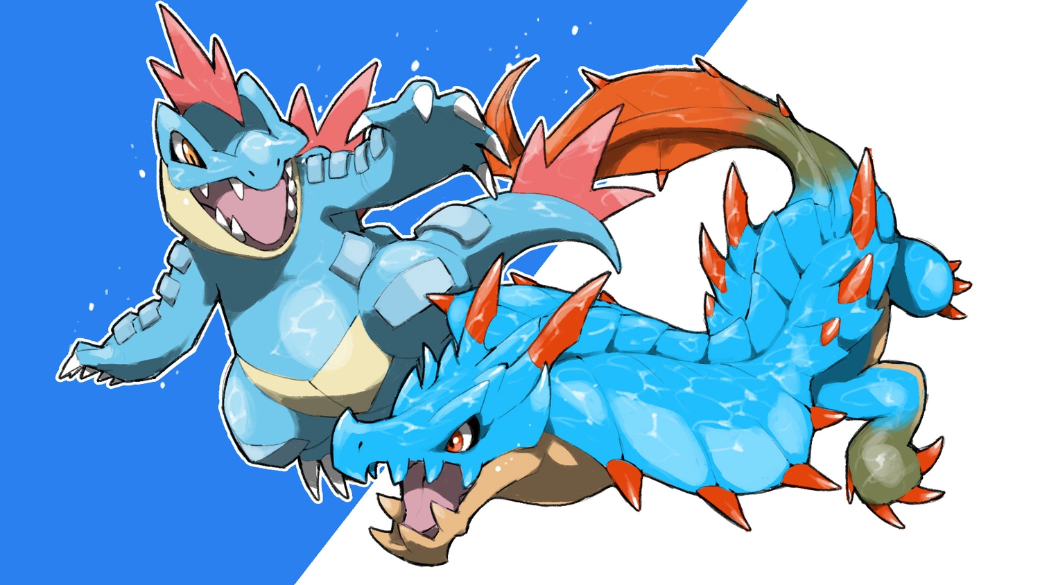blacknirrow, crossover, feraligatr, lagiacrus, monster_hunter, no_humans, orange_eyes, pokemon