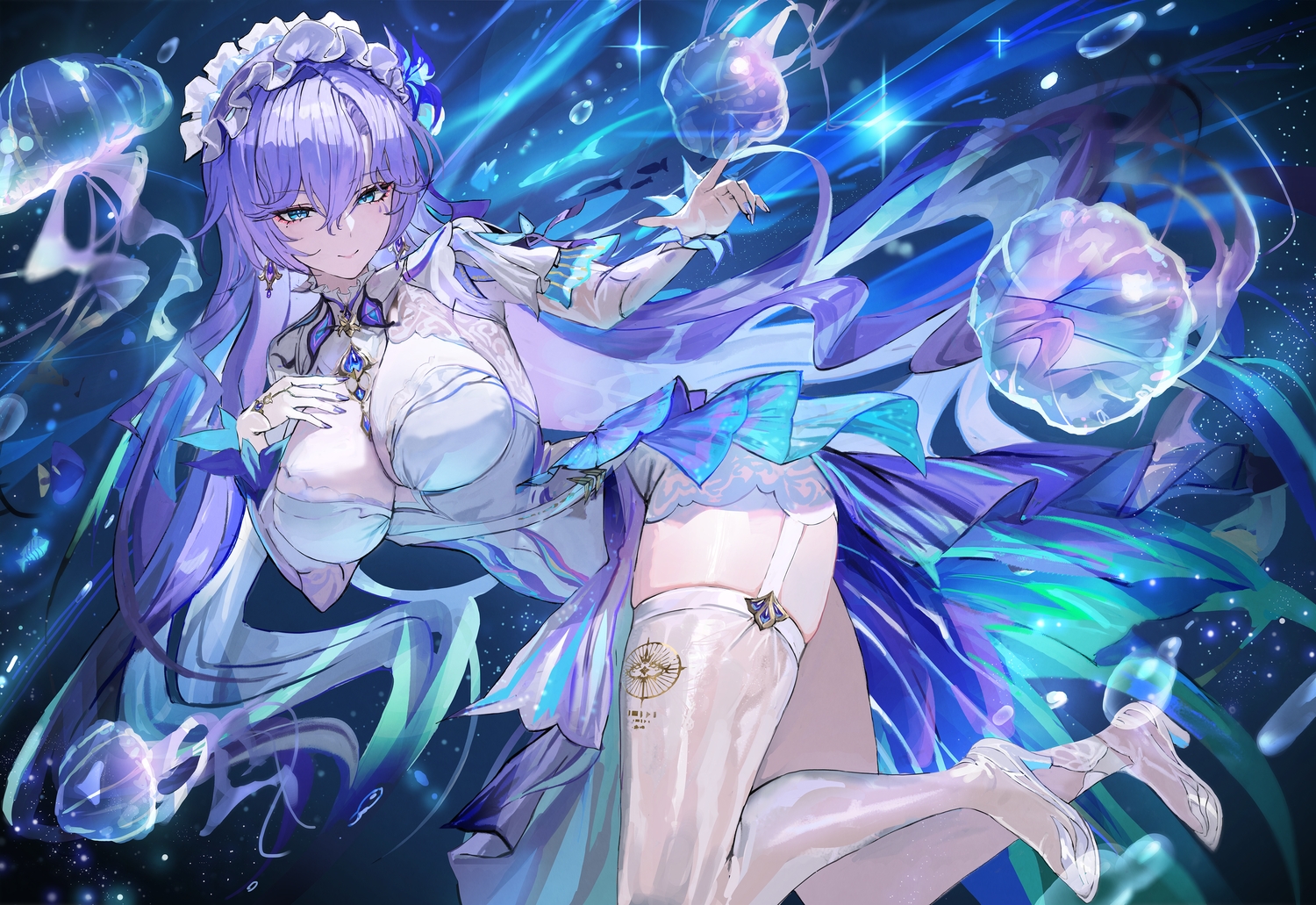animal, aqua_eyes, breast_hold, breasts, bubbles, cantarella_(wuthering_waves), cleavage, dress