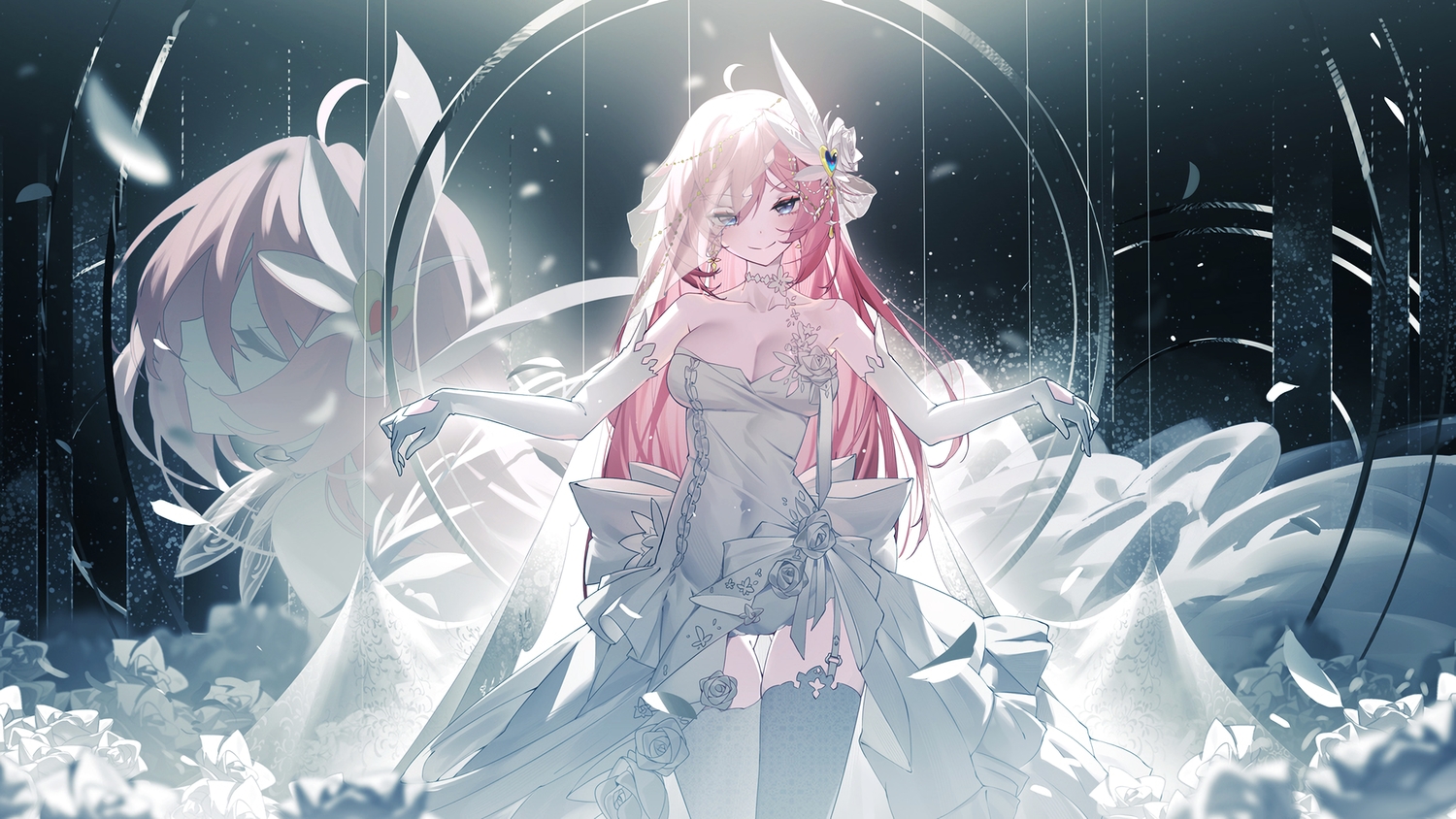bow, breasts, choker, cleavage, dress, elbow_gloves, flowers, garter_belt