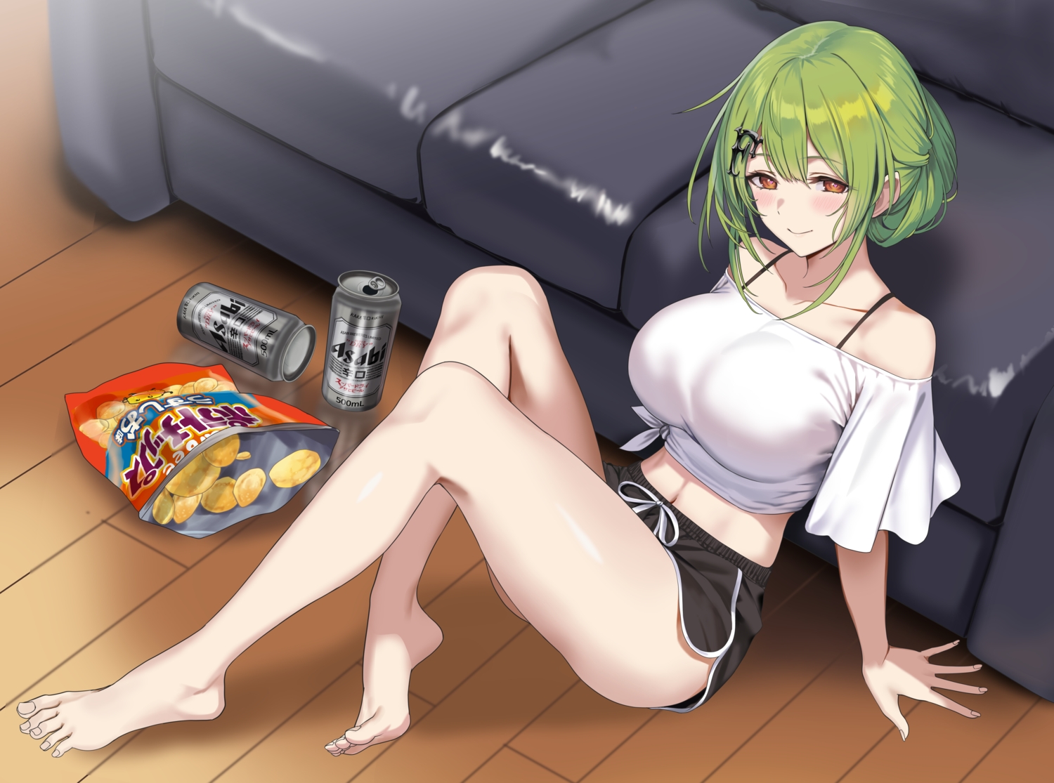anthropomorphism, barefoot, blush, breasts, couch, drink, food, girls_frontline, green_hair, hidis0086, mk48_(girls_frontline), navel, orange_eyes, short_hair, shorts