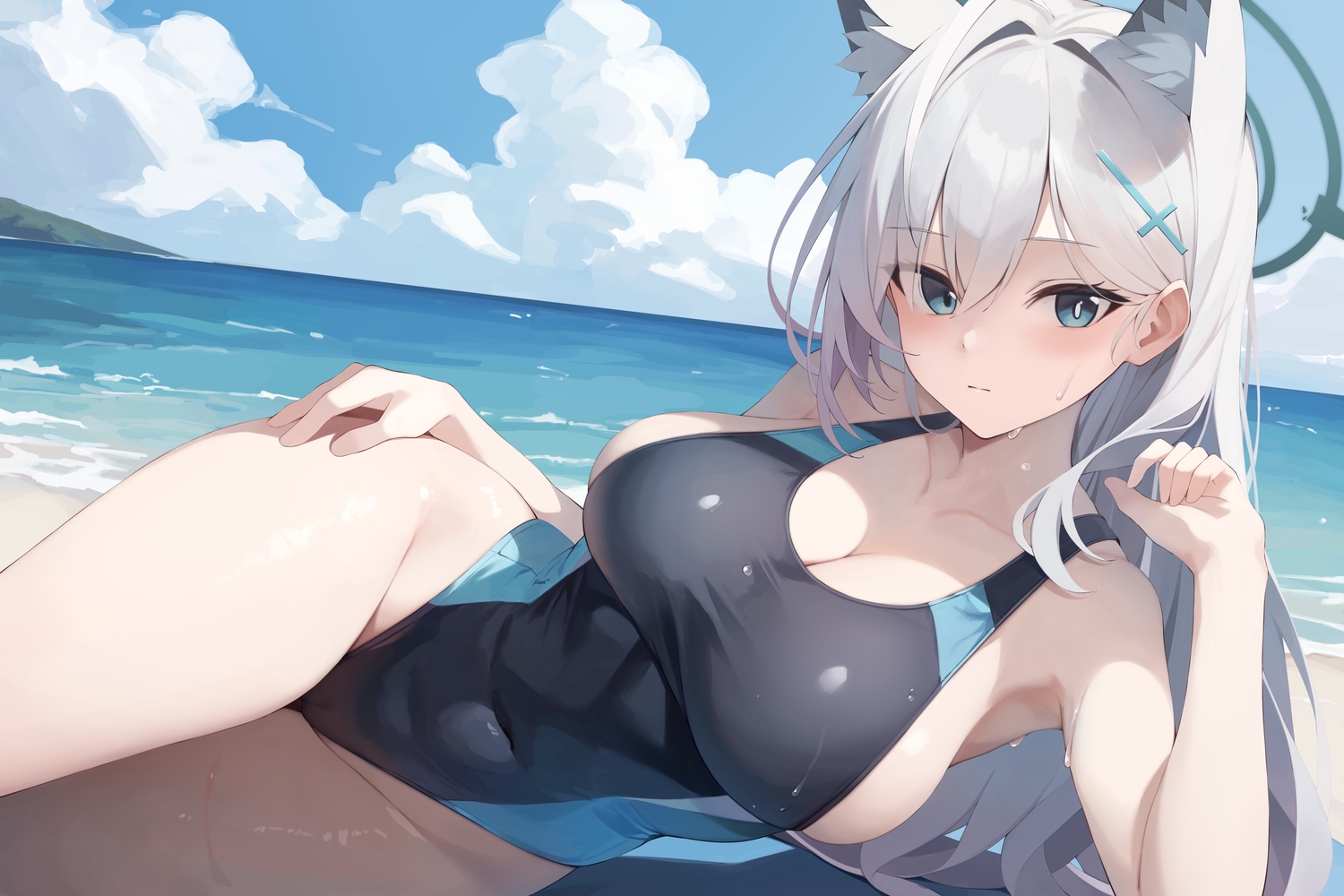 animal_ears, aqua_eyes, beach, blue_archive, breasts, cameltoe, cleavage, clouds, cross, gray_hair, halo, long_hair, shiroko_(terror)_(blue_archive), sideboob, sky, sunaookami_shiroko, swimsuit, tateishi_kureha, water, wolfgirl