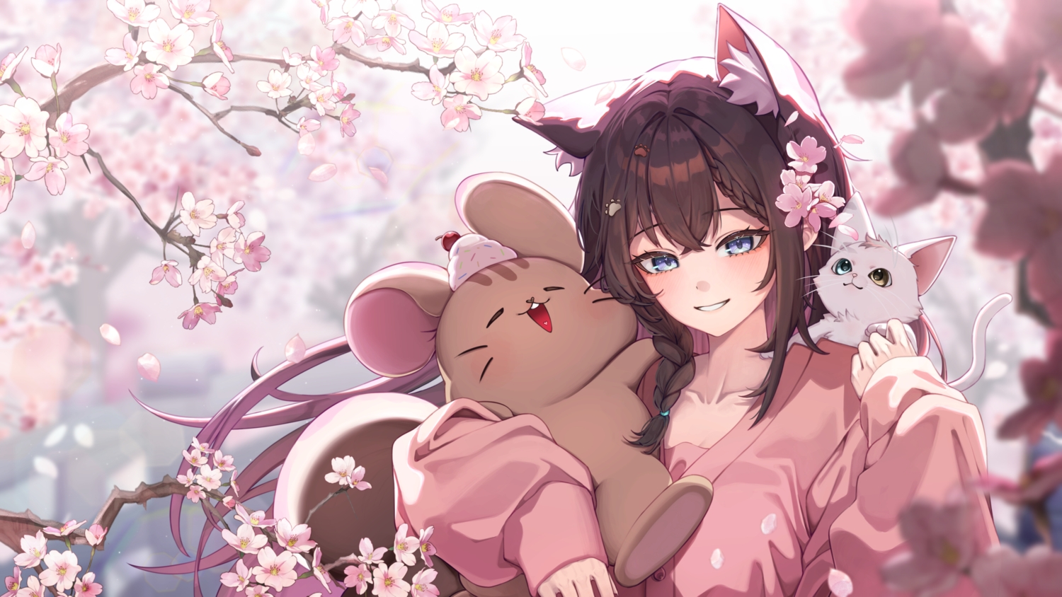 animal, animal_ears, blue_eyes, blush, braids, brown_hair, cat, cherry