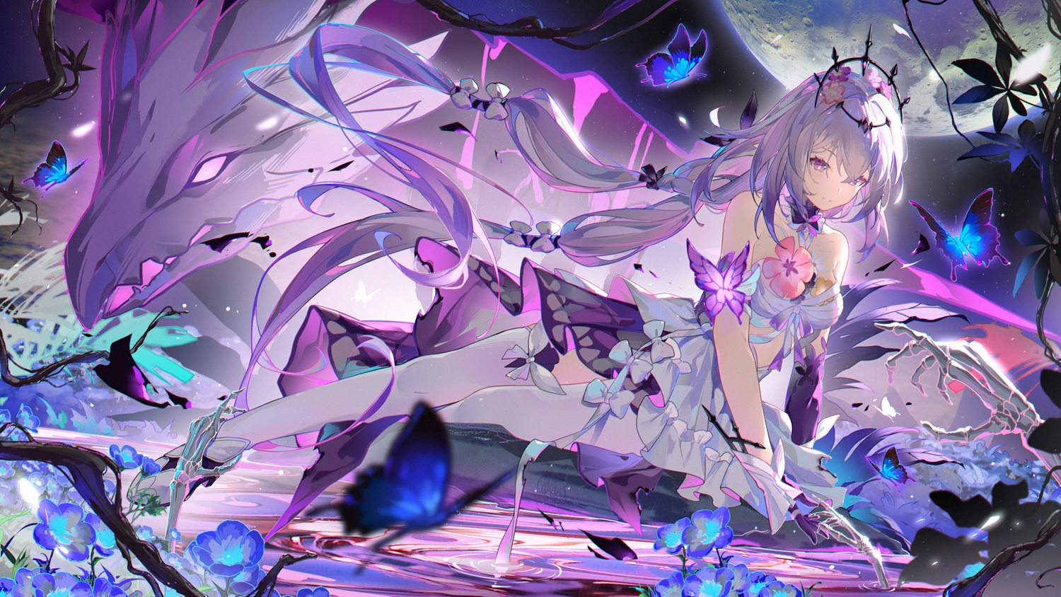 bones, bow, butterfly, castorice_(honkai:_star_rail), dress, elbow_gloves, gloves, headdress