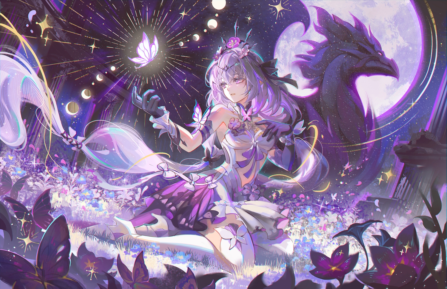 bow, butterfly, castorice_(honkai:_star_rail), dress, elbow_gloves, flowers, gloves, grass