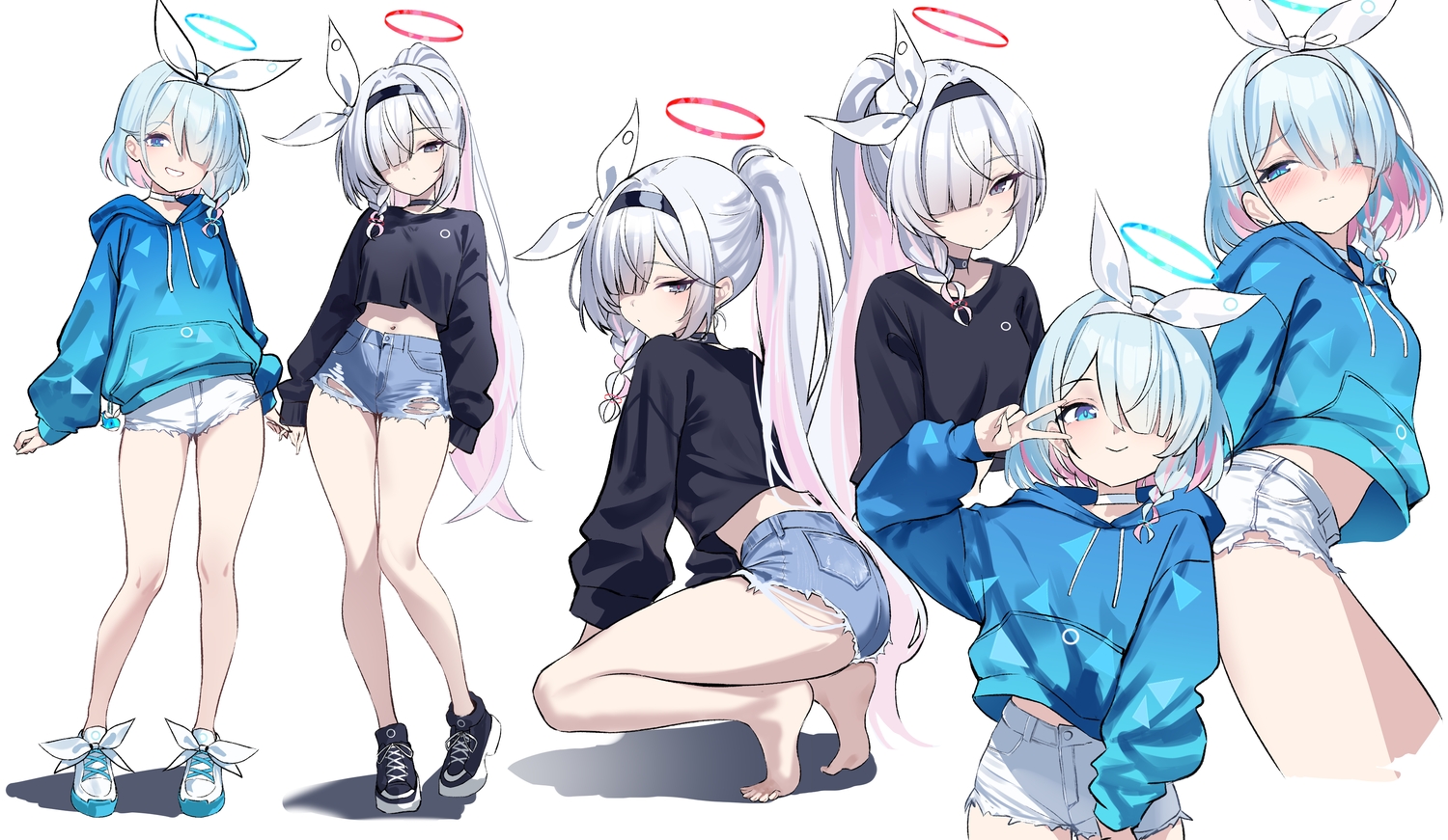 2girls, aliasing, aqua_eyes, arona_(blue_archive), ass, barefoot, black_eyes, blue_archive