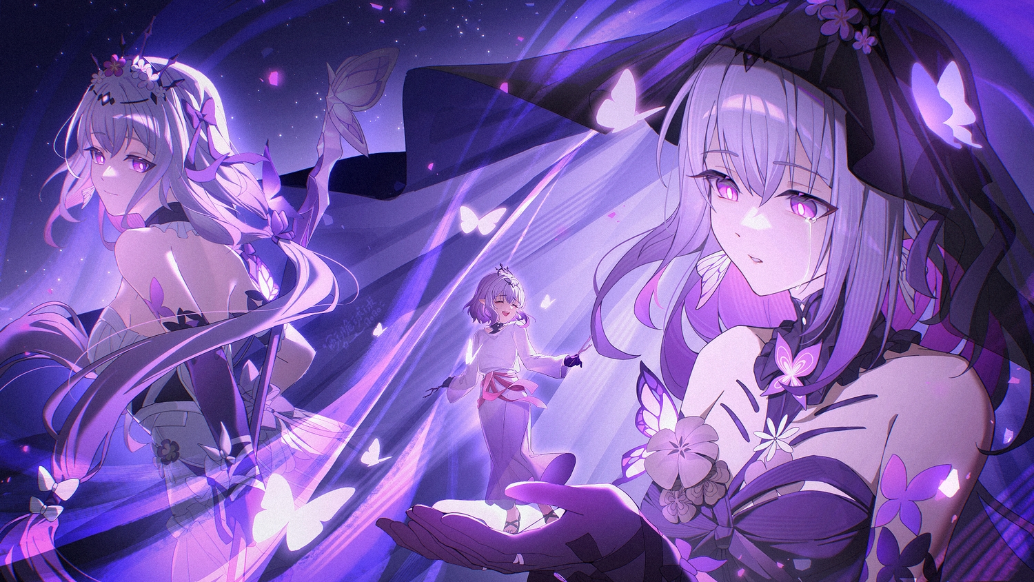aliasing, bow, butterfly, castorice_(honkai:_star_rail), crying, dress, elbow_gloves, gloves, headdress, honkai_(series), honkai:_star_rail, long_hair, pointed_ears, purple, purple_eyes, purple_hair, ribbons, short_hair, so_zei_tama_tama, staff, tears