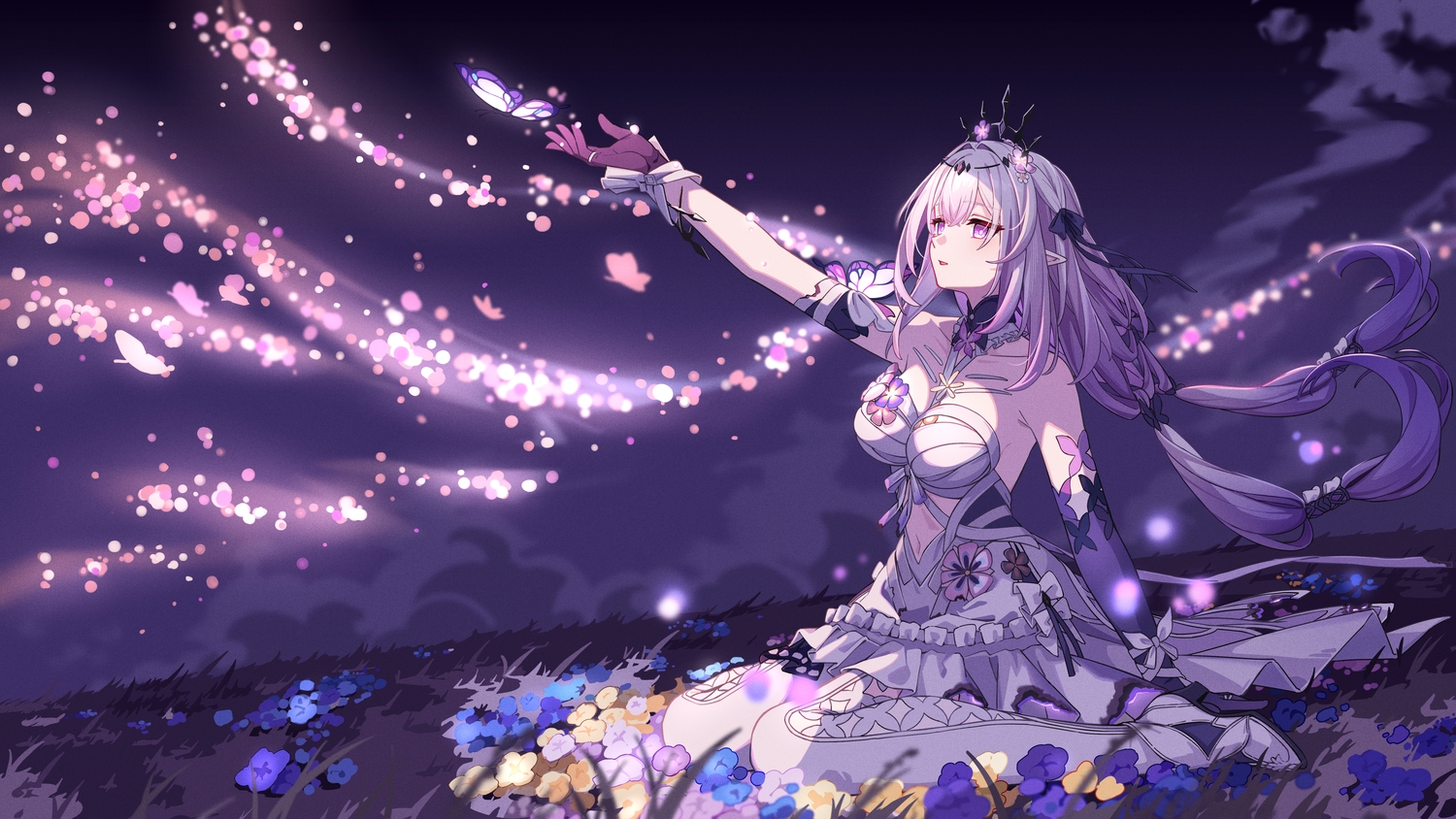 bow, butterfly, castorice_(honkai:_star_rail), dress, elbow_gloves, flowers, gloves, grass, headdress, honkai_(series), honkai:_star_rail, long_hair, man_ge, navel, pointed_ears, purple_eyes, purple_hair, ribbons, thighhighs