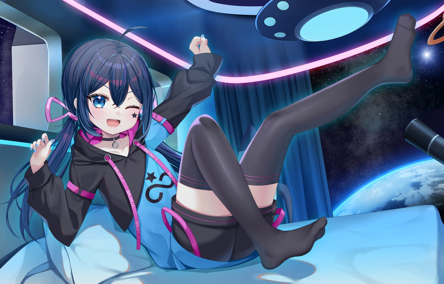 aqua_eyes, bed, black_hair, bow, choker, earth, hood, ikazu401, indie_virtual_youtuber, long_hair, mugen_mochi, planet, shorts, space, stars, thighhighs, twintails, wink, zettai_ryouiki