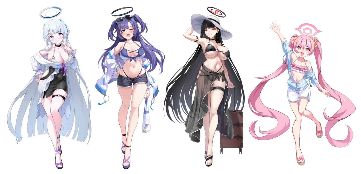 bikini, black_hair, blue_archive, blush, breasts, choker, flat_chest, garter