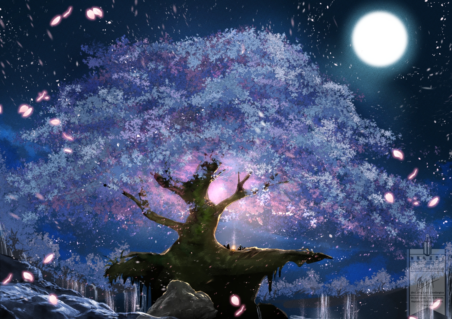 cherry_blossoms, flowers, moon, night, original, petals, pixiv_fantasia, signed
